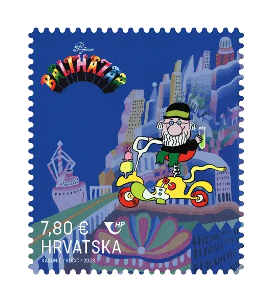 Professor Balthazar — Croatian Crypto Stamp 5 – Professor Balthazar's Robocycle, postage stamp by Hrvatska Pošta (Croatian Post)