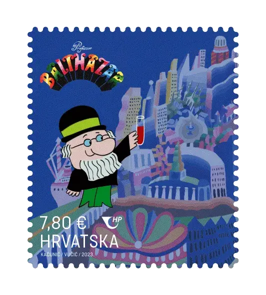 Professor Balthazar — Croatian Crypto Stamp 5 – Professor Balthazar with a Test Tube, postage stamp by Hrvatska Pošta (Croatian Post)