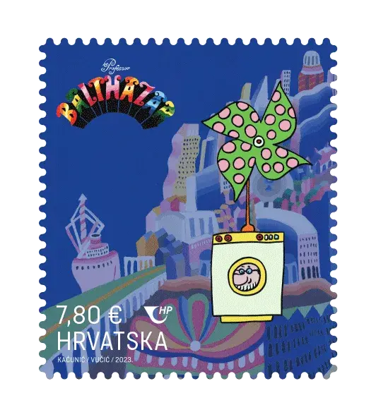 Professor Balthazar — Croatian Crypto Stamp 5 – Balthazar's Machine with a Windmill, postage stamp by Hrvatska Pošta (Croatian Post)