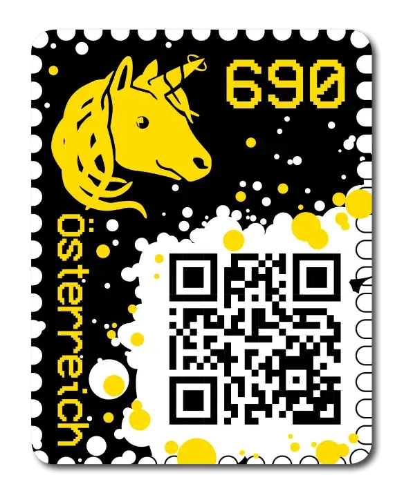 Unicorn — Crypto Stamp 1.0 – Yellow, postage stamp by Austrian Post (Österreichische Post)