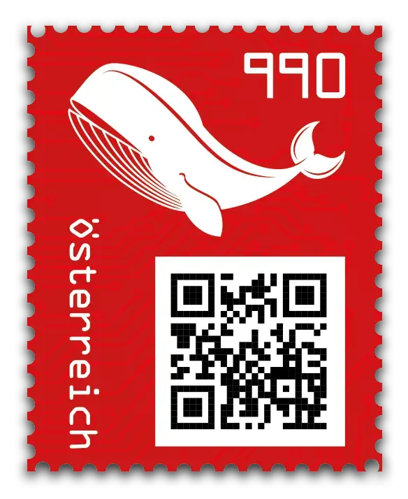 Whale — Crypto Stamp 3.0 – Red, postage stamp by Austrian Post (Österreichische Post)