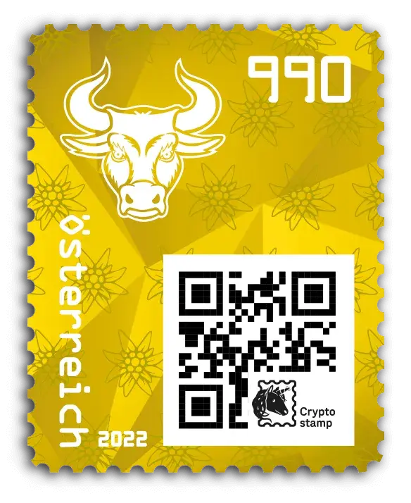 Bull — Crypto Stamp 4.0 – Yellow, postage stamp by Austrian Post (Österreichische Post)