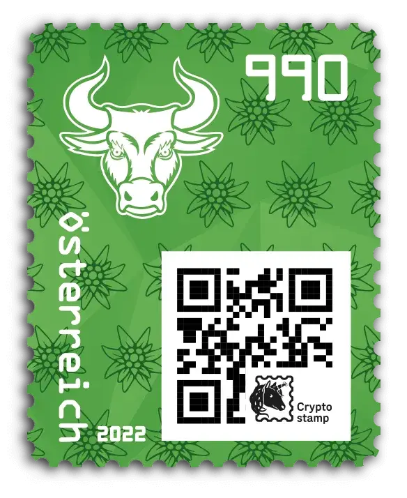 Bull — Crypto Stamp 4.0 – Green, postage stamp by Austrian Post (Österreichische Post)