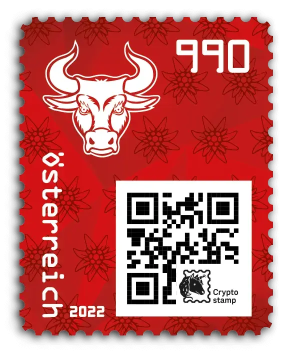 Bull — Crypto Stamp 4.0 – Red, postage stamp by Austrian Post (Österreichische Post)