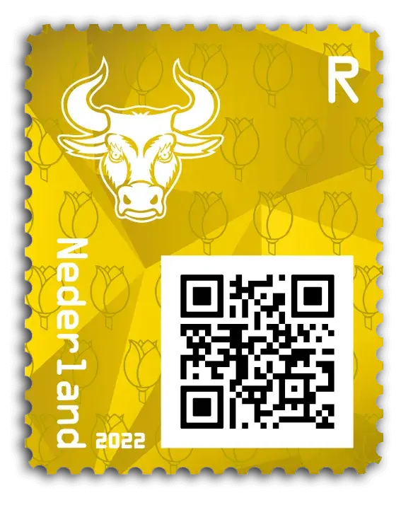 Bull — Crypto Stamp 4 – Yellow, postage stamp by PostNL (Koninklijke PostNL B.V.)