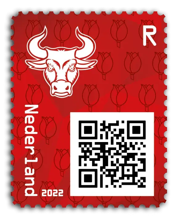 Bull — Crypto Stamp 4 – Red, postage stamp by PostNL (Koninklijke PostNL B.V.)