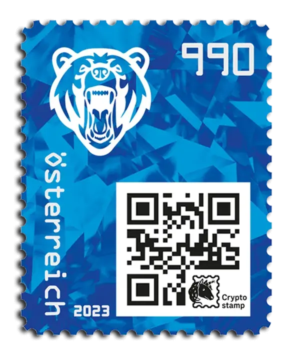 Bear — Crypto Stamp 5.0 – Blue, postage stamp by Austrian Post (Österreichische Post)