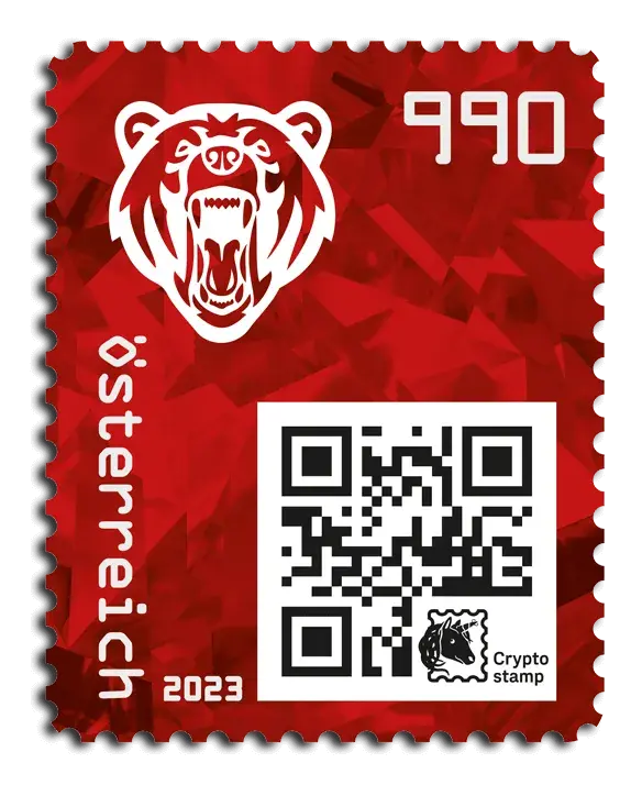 Bear — Crypto Stamp 5.0 – Red, postage stamp by Austrian Post (Österreichische Post)