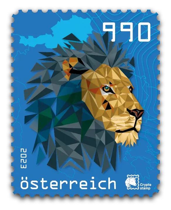 Lion — Crypto Stamp 5.1 – Blue, postage stamp by Austrian Post (Österreichische Post)