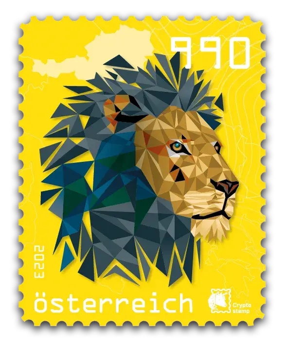 Lion — Crypto Stamp 5.1 – Yellow, postage stamp by Austrian Post (Österreichische Post)