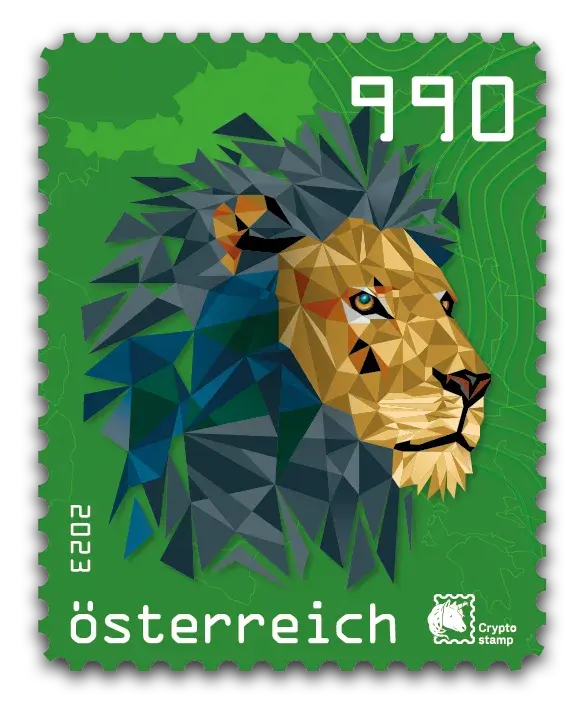 Lion — Crypto Stamp 5.1 – Green, postage stamp by Austrian Post (Österreichische Post)