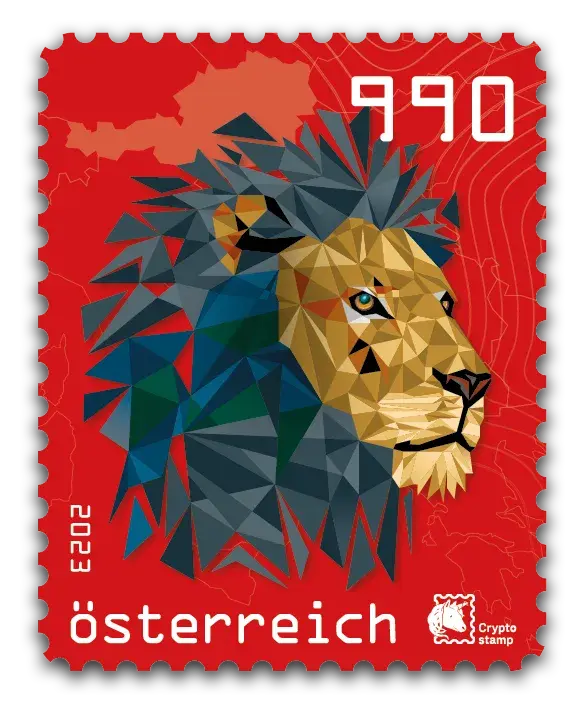 Lion — Crypto Stamp 5.1 – Red, postage stamp by Austrian Post (Österreichische Post)