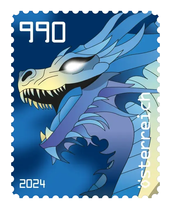 Dragon — Crypto Stamp 5.2 – Blue, postage stamp by Austrian Post (Österreichische Post)