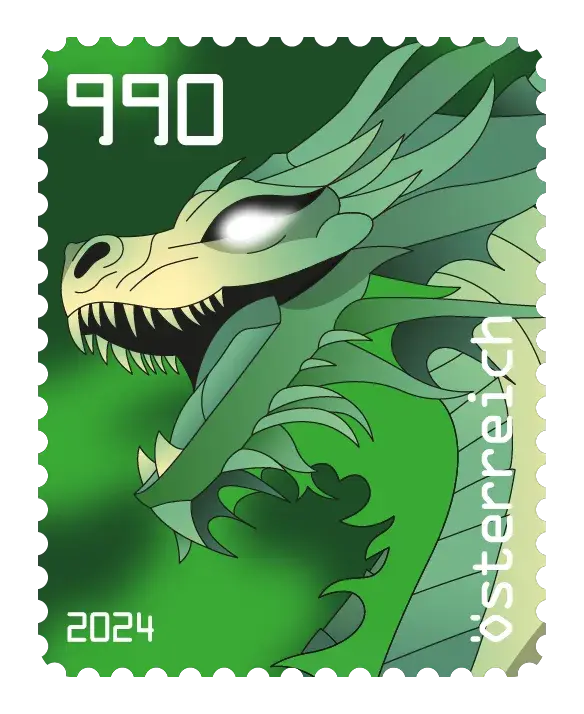 Dragon — Crypto Stamp 5.2 – Green, postage stamp by Austrian Post (Österreichische Post)