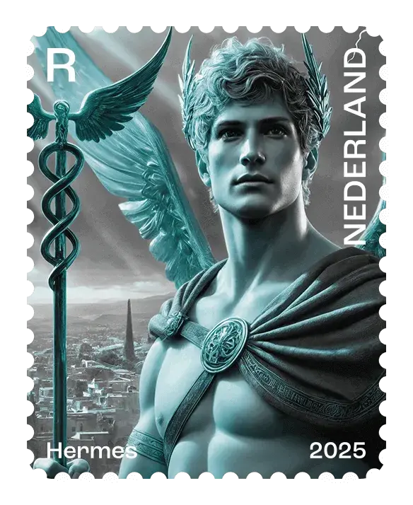 Hermes — NL Crypto Stamp 4 – Blue, postage stamp by PostNL (Koninklijke PostNL B.V.)
