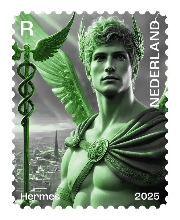 Hermes — NL Crypto Stamp 4 – Green, postage stamp by PostNL (Koninklijke PostNL B.V.)