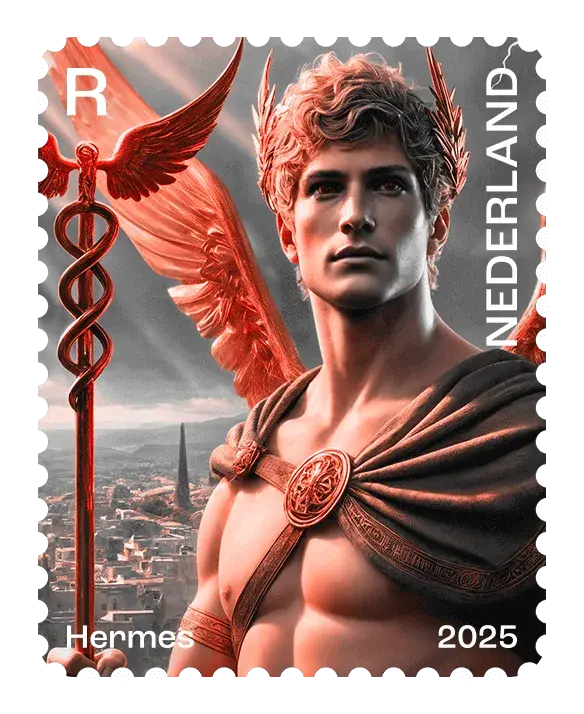 Hermes — NL Crypto Stamp 4 – Red, postage stamp by PostNL (Koninklijke PostNL B.V.)