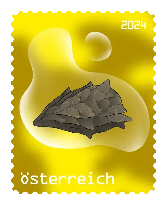 Mystical Scale — Crypto stamp Comic #1 – Yellow, postage stamp by Austrian Post (Österreichische Post)