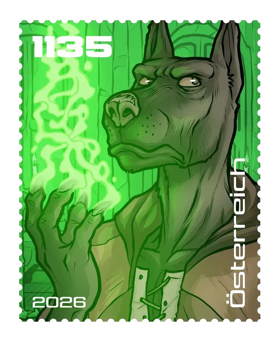 Lucian – Green, postage stamp by Austrian Post (Österreichische Post)