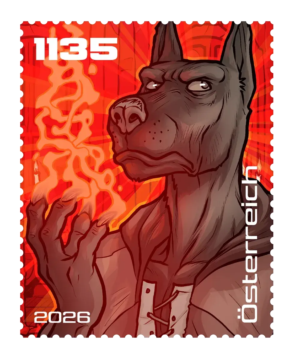 Lucian – Red, postage stamp by Austrian Post (Österreichische Post)