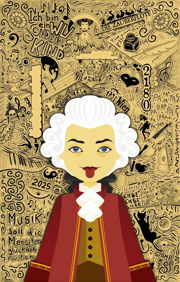 CSA Hackatao – Mozart & Hedy Lamarr – Amadeus the Prankster, postage stamp by Austrian Post (Österreichische Post)