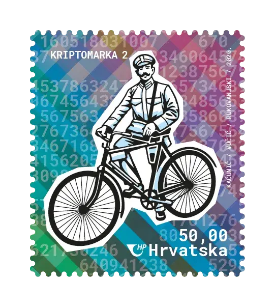 Historical Postal Delivery — Crypto Stamp 2 – Cyclist, postage stamp by Hrvatska Pošta (Croatian Post)