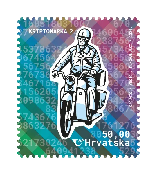 Historical Postal Delivery — Crypto Stamp 2 – Moped, postage stamp by Hrvatska Pošta (Croatian Post)