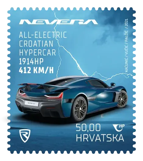 Postereum 3 – Rimac Nevera – Blue-green, postage stamp by Hrvatska Pošta (Croatian Post)