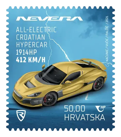 Postereum 3 – Rimac Nevera – Golden, postage stamp by Hrvatska Pošta (Croatian Post)