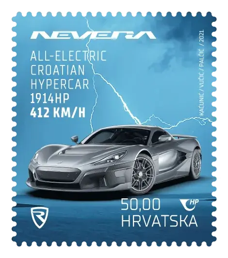 Postereum 3 – Rimac Nevera – Grey, postage stamp by Hrvatska Pošta (Croatian Post)