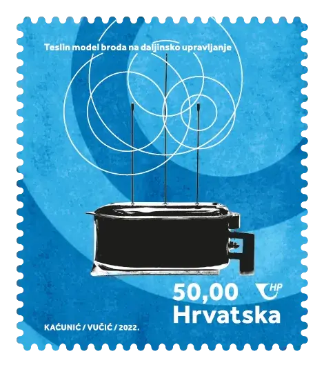 Nikola Tesla — Crypto Stamp 4 – Tesla's remote-controlled boat, postage stamp by Hrvatska Pošta (Croatian Post)