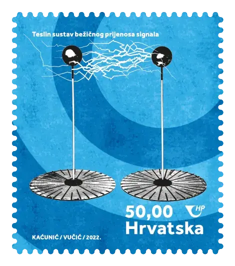 Nikola Tesla — Crypto Stamp 4 – Tesla's wireless signal transmission, postage stamp by Hrvatska Pošta (Croatian Post)
